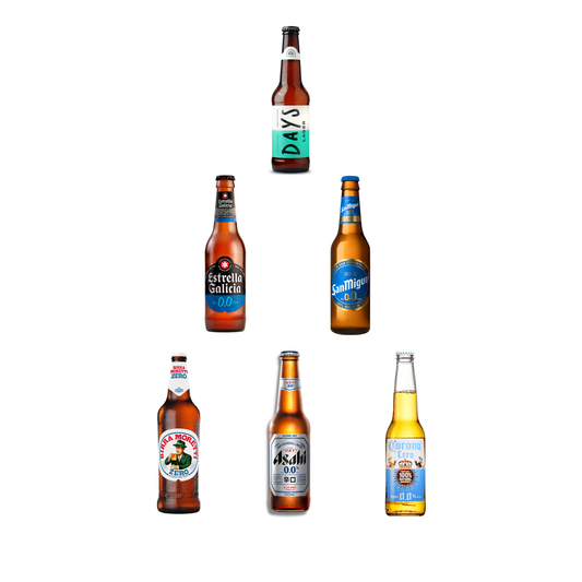 Collection of six beer bottles with various labels on a white background