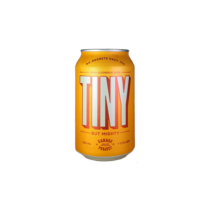 Orange can of 'Tiny' non-alcoholic beer on a white background