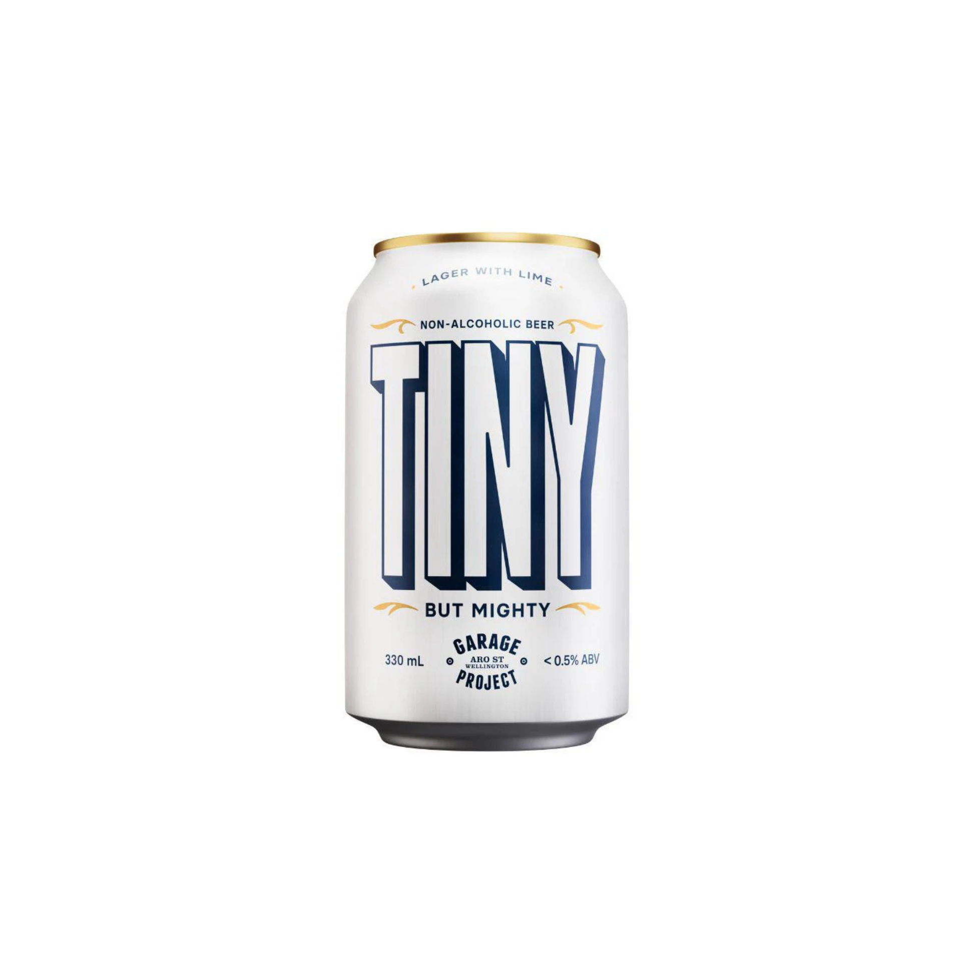 Can of 'Tiny But Mighty' non-alcoholic beer on a white background