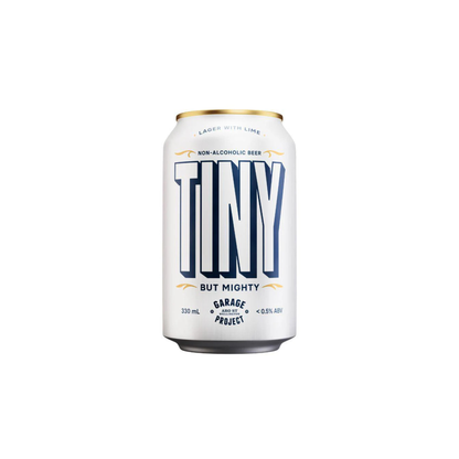 Can of 'Tiny But Mighty' non-alcoholic beer on a white background
