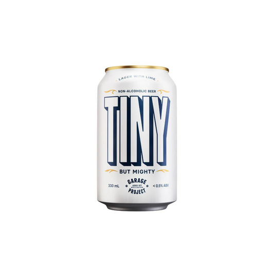 Can of 'Tiny But Mighty' non-alcoholic beer on a white background