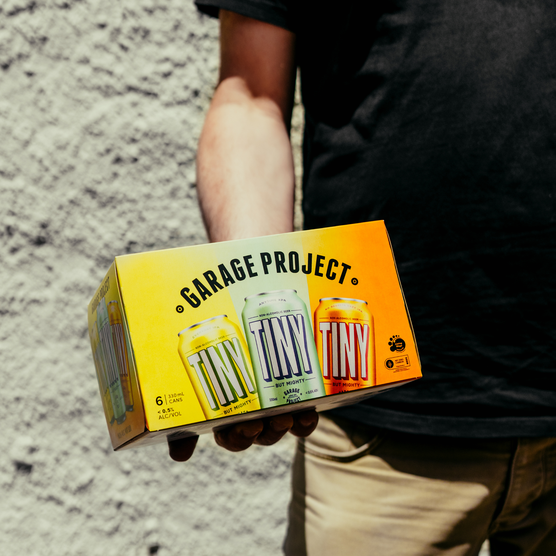 Person holding a box of Garage Project Tiny beer cans on a textured surface