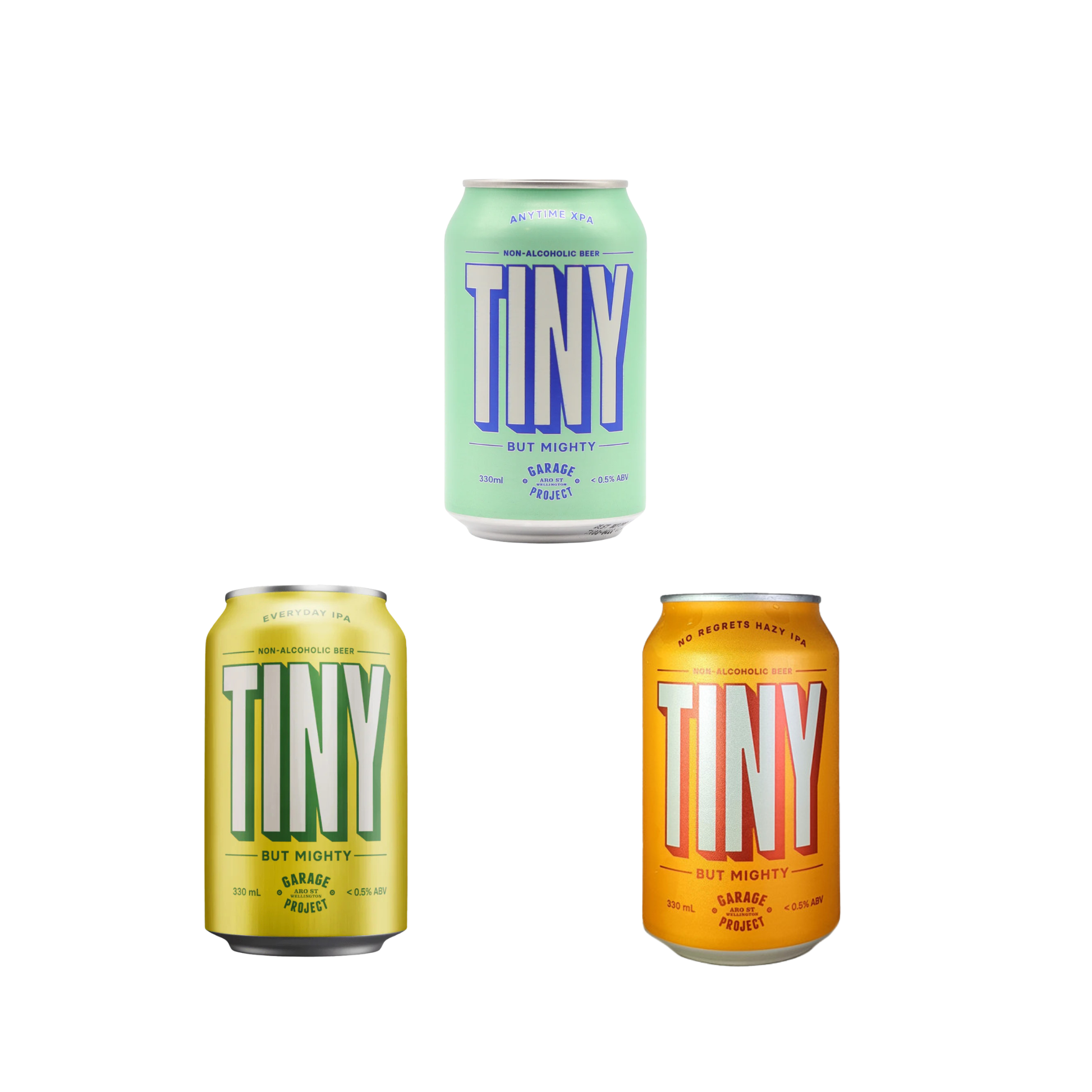 Three cans of Tiny beer in different colors on a white background
