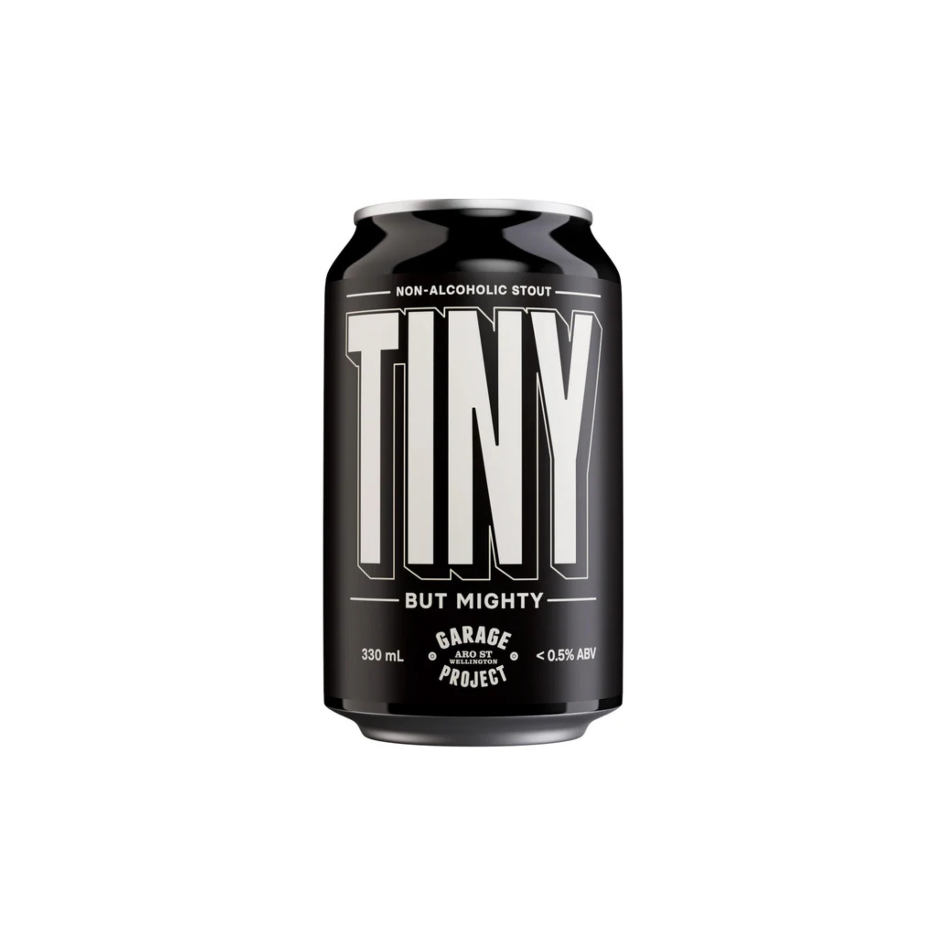 Black can of 'Tiny But Mighty' non-alcoholic stout on a white background
