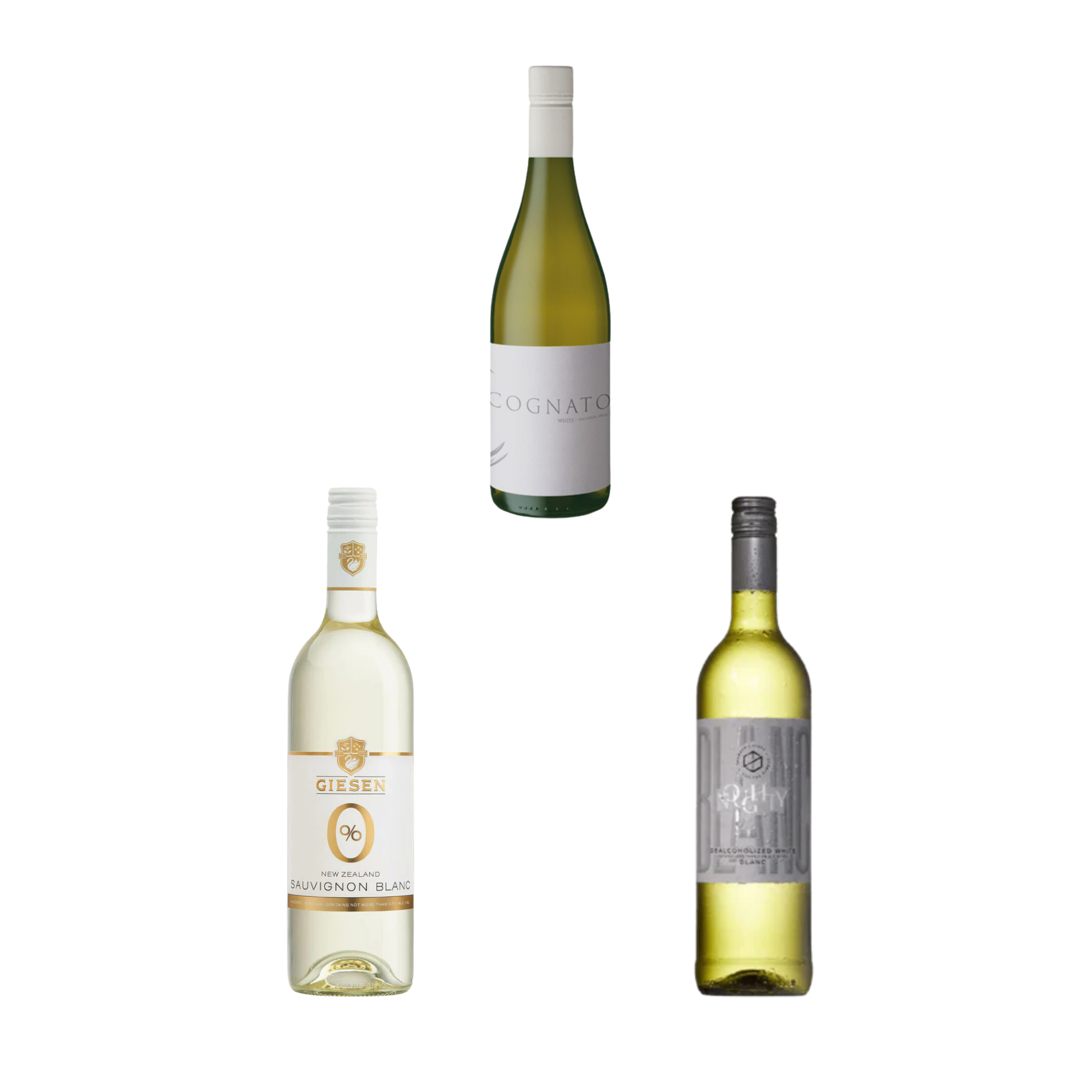 Three bottles of white wine with different labels on a white background