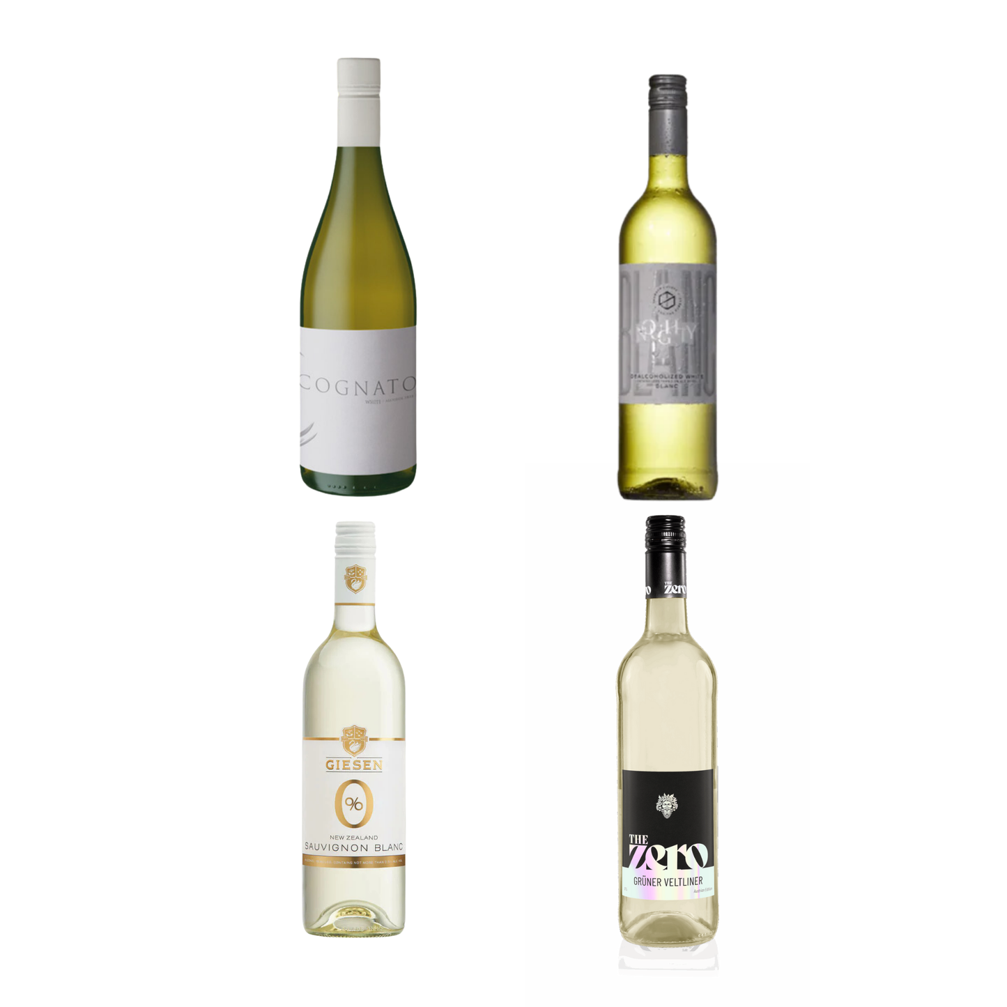 Four bottles of white wine with labels on a white background