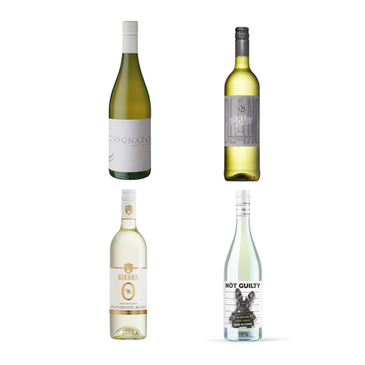 Four wine bottles with different labels on a white background