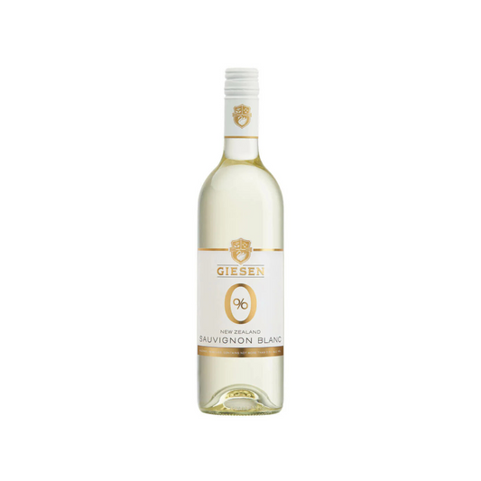 Wine bottle with Giesen 0% label on a white background