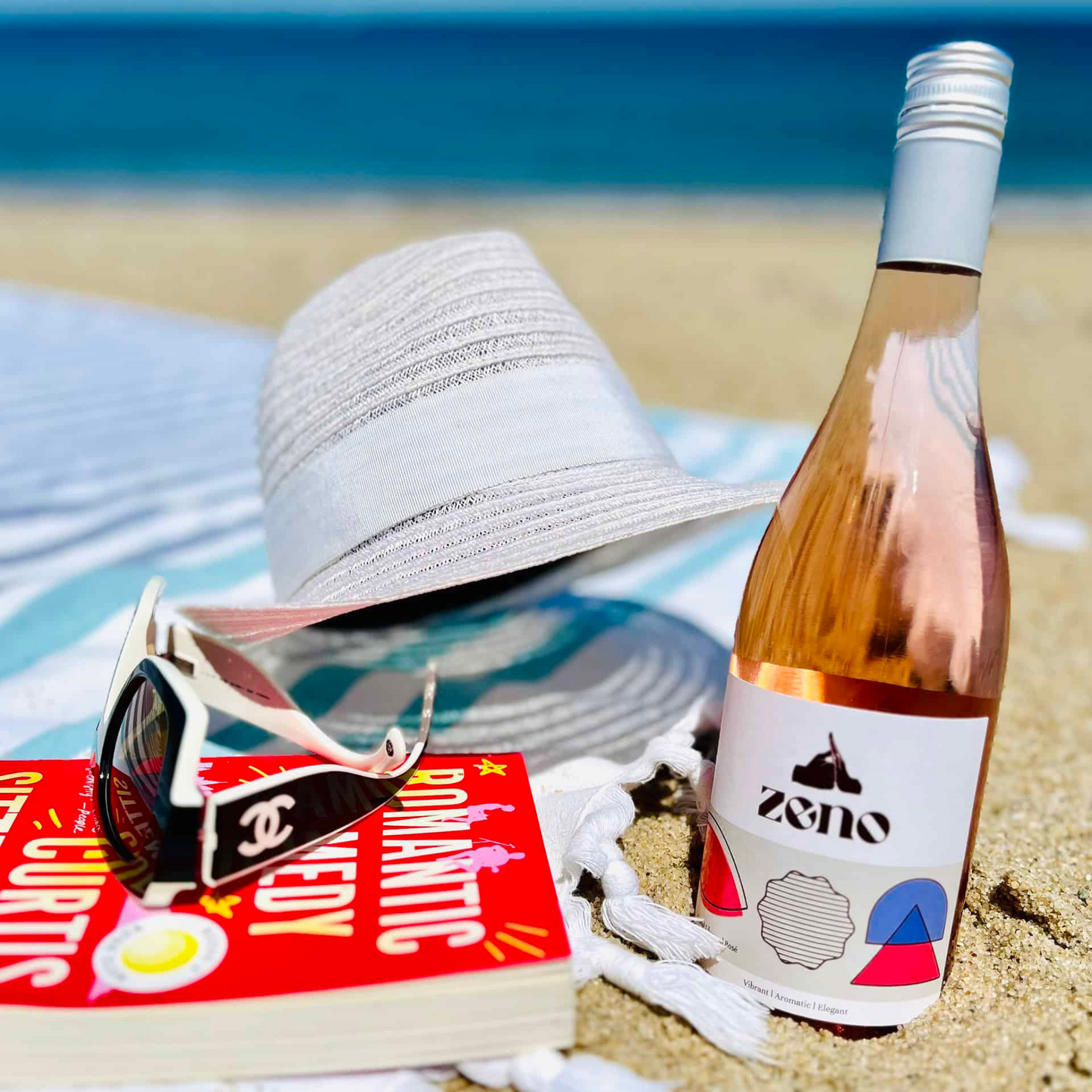 Zeno Rose Alcohol Free Wine on Beach 